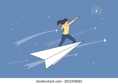 Personal Brand And Business Success Concept. Young Business Woman Flying Upwards On Paper Plane Celebrating Success Development Vector Illustration.