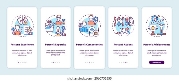 Personal brand components onboarding mobile app page screen with concepts. Social media influence walkthrough 5 steps graphic instructions. UI, UX, GUI vector template with linear color illustrations