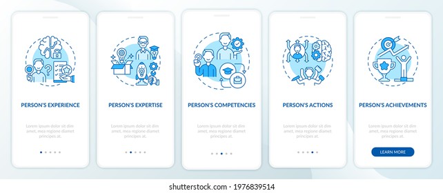 Personal brand components turquoise onboarding mobile app page screen with concepts. Influence walkthrough 5 steps graphic instructions. UI, UX, GUI vector template with linear color illustrations