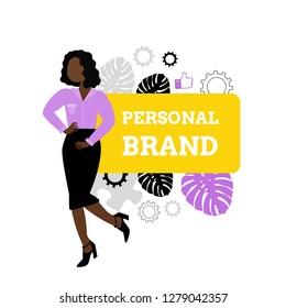 Personal brand concept.  Cartoon vector illustration. Business woman. Career