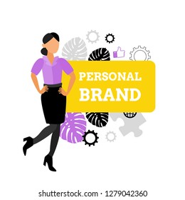Personal brand concept.  Cartoon vector illustration. Business woman. Career