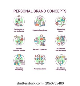 Personal brand concept icons set. Advancing career. Positive impact. Skills improvement. Self promotion idea thin line RGB color illustrations. Vector isolated outline drawings. Editable stroke