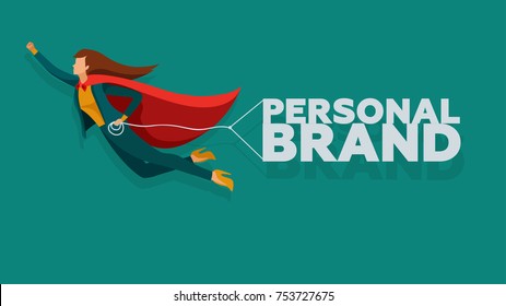 Personal brand concept vector illustration. Business woman in the super hero cloak grow up in career. 