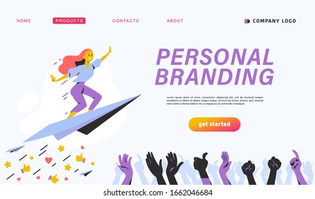 Personal brand design concept with business woman fly upwards on paper plane, like thumb up icons, human hands celebrate and applause. Landing page template, mobile app, ui. Vector flat illustration.