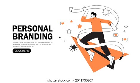 Personal brand design concept with business man fly upwards on paper plane trying to reach his goal. Landing page template, banner, ui. Business developement, career success or growth and opportunity.