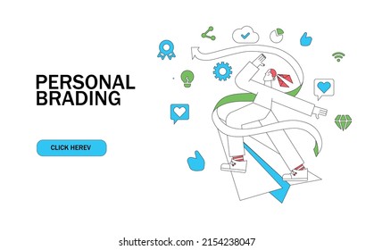 Personal Brand Design Concept With A Business Woman Flying Up In A Paper Airplane Like Thumbs Up Icons. Landing Page Template, Mobile App, Ui. Vector Flat Illustration.