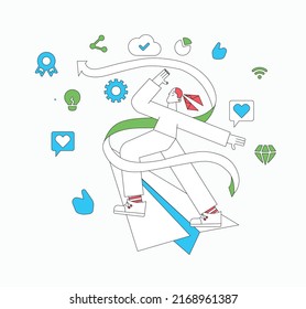 
Personal brand design concept with business woman flying up on a paper plane like thumbs up icons. Landing page template, mobile app, user interface. Vector flat illustration.