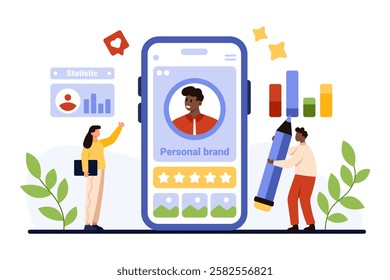 Personal brand presence, online identity in social media. Tiny people with pencil build profile and content on smartphone screen, PR team working on reputation strategy cartoon vector illustration