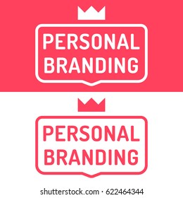 Personal branding. Badge with crown icon. Flat vector illustration on white and red background.