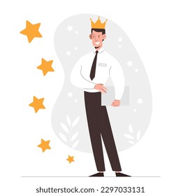 Personal branding concept. Man in golden crown with stars. Popular persona and successful entrepreneur. Business developement, career success and opportunity. Cartoon flat vector illustration