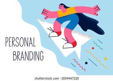 Personal branding and development concept. Young smiling business woman standing surfing on online letter with lettering nearby vector illustration