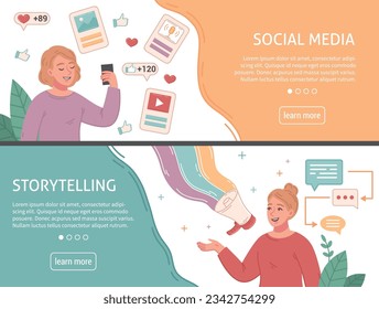 Persönlicher Branding-Flachbanner mit sozialer Medienpräsenz und Symbolen zum Erzählen von Geschichten einzeln auf Vektorgrafik