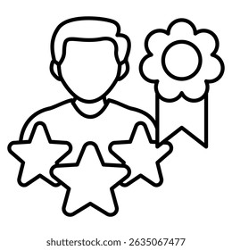 Ícone de marca pessoal representado por avatar de perfil, rótulo de prêmio, estrelas Estilo de linha.