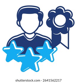 Personal Branding icon represented by profile avatar, award label, stars Dualtone style.