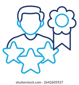 Personal Branding icon represented by profile avatar, award label, stars Dual Line style.