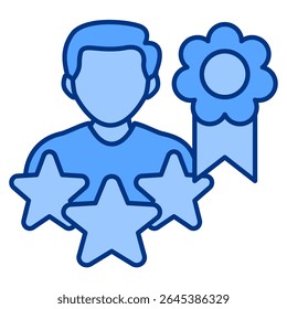 Personal Branding icon represented by profile avatar, award label, stars Blue style.