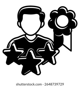 Personal Branding icon represented by profile avatar, award label, stars Black Filled style.