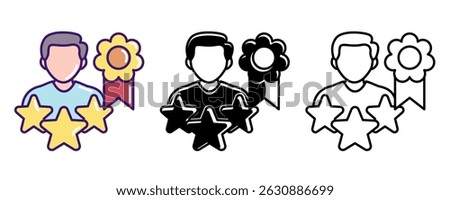 Personal Branding icon represented by profile avatar, award label, stars Line, Filled, Color style.