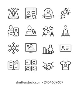 Personal Branding, icon set. Self-Promotion. Visibility, Audience Engagement, Reputation, Marketing, Social Media, Communication, Audience, Communication, Online presence. Line with editable stroke