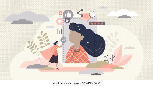 Personal branding influencer marketing concept, flat tiny person vector illustration. Creative personality building community around original content and giving life or business advice to followers.
