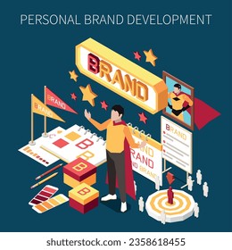 Personal branding isometric concept with business and self-development symbols vector illustration