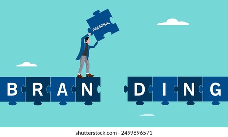 personal branding, marketing strategy by introducing the identity or characteristics of a product or service, individual brand strategy, build a personal brand, businessman completing puzzle