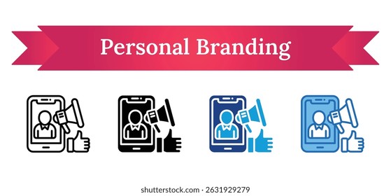 Personal Branding - Outline, Glyph Silhouette Black Fill, Dual tone, Blue, Multi Style Icon - Smartphone with user profile, megaphone, and thumbs up — representing personal brand and digital presence
