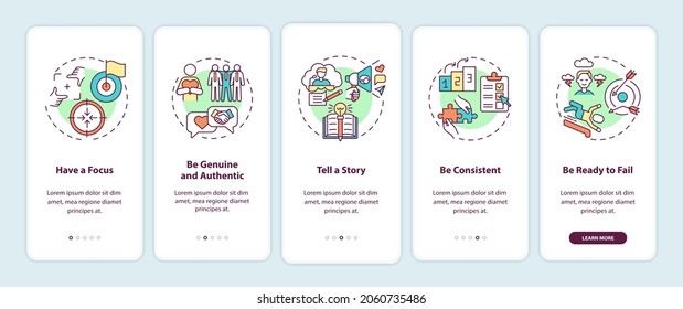 Personal branding rules onboarding mobile app page screen with concepts. Unique brand creation walkthrough 5 steps graphic instructions. UI, UX, GUI vector template with linear color illustrations