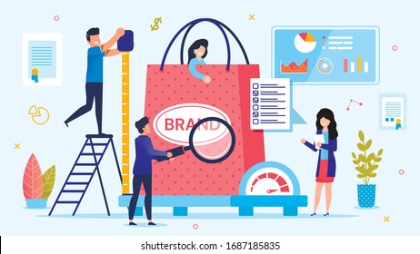 Personal Branding Technology. Brand Testing Process. Woman Customer in Shopping Bag on Weight Scale. Man with Ruler Measuring Size. Lady with Checkup List. Team Marketer. Metaphor Vector Illustration