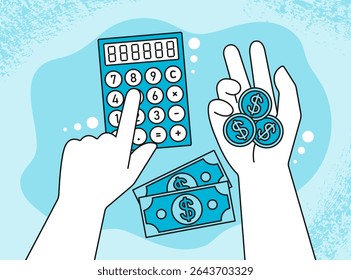 Personal budget. Budgeting, calculating income and expenses. Hand presses calculator, other hand holds coins. Finance concept