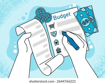 Orçamento pessoal. Orçamento, cálculo de receita e despesa, registro de receita e despesa. Mão retém um recebimento após uma compra, a outra mão grava os registros. Conceito financeiro