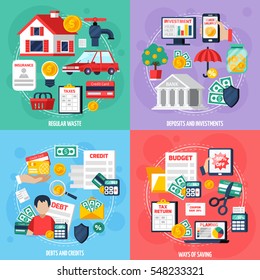 Personal budget concept icons set with deposits and investment symbols flat isolated vector illustration 
