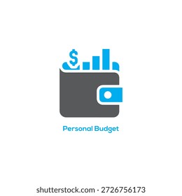 Personal budget icon vector illustration showing a gray wallet with blue bar charts and dollar sign for financial planning
