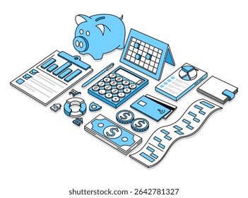 Orçamento pessoal, mealheiro, poupança, rastreador de despesas, smartphone com aplicativo de orçamento, registro de despesas, calendário de orçamento. Minimalismo. Ilustração vetorial