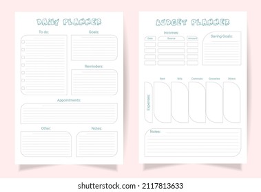 Personal budget planner and daily planner in a4 format. Printable template and blank notebook page