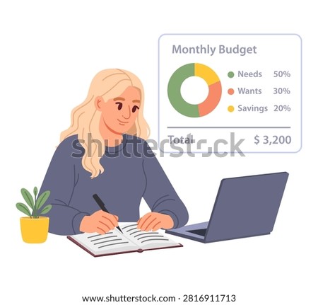 Personal Budget Planning and Expense Tracking on Laptop. Vector Illustration.