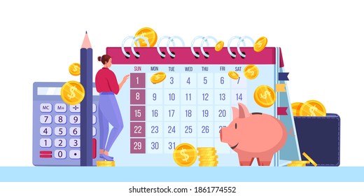 Persönliche Haushaltsplanung oder monatliche Steuerbericht Vektorkonzept mit Geldmünzen, Dollar, Kalender, Sparschwein. Illustration zur Rechnungslegung von Darlehen oder Wirtschaftsprüfungen mit Taschenrechner. Haushaltsplanung