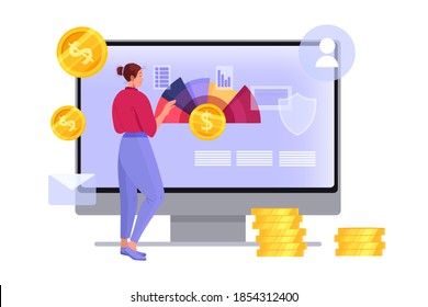 Personal budget planning and online monthly tax payment illustration with woman, computer screen, graphs, coins. Finance audit and family expense accounting concept. Vector budget planning flat banner