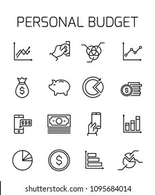 Personal budget related vector icon set. Well-crafted sign in thin line style with editable stroke. Vector symbols isolated on a white background. Simple pictograms.
