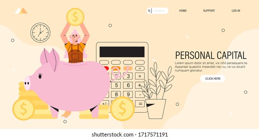 Personal capital of finance assistant application to calculate and controll family budget concept. Girl holds golden coin and will put it to piggy bank. Smart investmet, money and payment management.