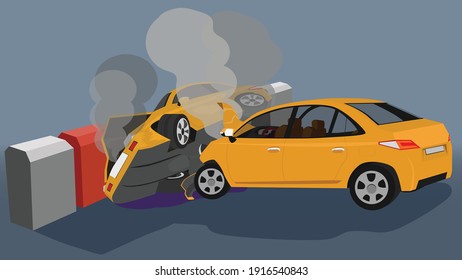 Personal car accidents collide hard. Hit the side of the barrier. The front of the car was severely damaged and smoke came out of the hood or bonnet. with gray background.