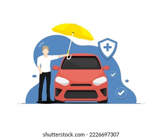 Personal car insurance coverage concept, Human standing with personal car, Digital marketing illustration.