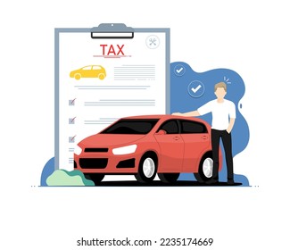 Personal car tax concept, Human standing with personal car, digital marketing illustration.