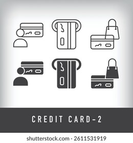 Personal card, atm and shopping card design. Simple linear and flat credit card icon set.