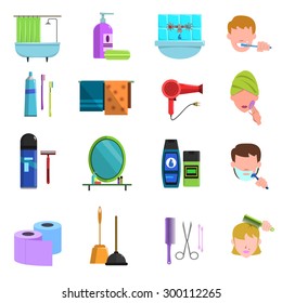 Accesorios de cuidado personal iconos planos con cepillo de dientes y secador de pelo iconos colección abstracta ilustración vectorial aislada