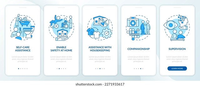 Personal care, assistance services blue onboarding mobile app screen. Walkthrough 5 steps editable graphic instructions with linear concepts. UI, UX, GUI template. Myriad Pro-Bold, Regular fonts used