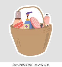 Personal Care Basket Vector Illustration Sticker. Vector sticker of a basket filled with personal care items. Perfect for wellness and beauty designs