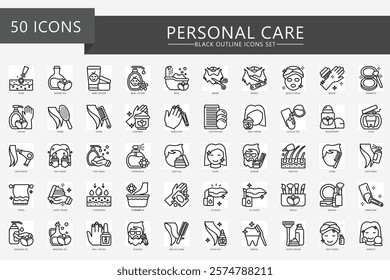 Personal care black outline icons set, contain lotion, comb, soap, skincare, makeup, barber, manicure and more. For print, digital concept, UI or UX kit, web and app. vector EPS 10 for health, beauty.