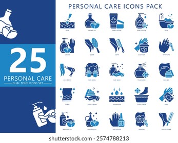 Personal care dual tone icons set, contain lotion, comb, soap, skincare, acne, fragrance, towel, oil and more. For print, digital concept, UI or UX kit, web and app. vector EPS 10 for health, beauty.