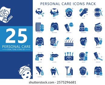 Personal care dual tone icons set, contain beard, lip balm, dental, shaving, makeup, cosmetic, manicure and more. For print, digital concept, UI, UX kit, web and app. vector EPS 10 for health, beauty.